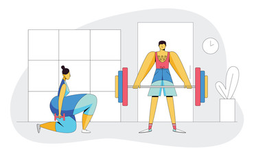 Color vector flat style illustration of people exercising together. The  couple working out in the gym. Active people trying to lose weight. Landing page concept, template for fitness website.