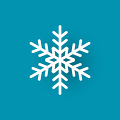 Snowflake cut out icon isolated on blue. Winter symbol, xmas flake New Year and Christmas sign, frozen crystal frozen element, vector paper object