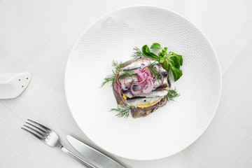 Appetizer food, salted herring, butter and red onion on white plate. Selective focus. Horizontal view from above, top shot. White background.