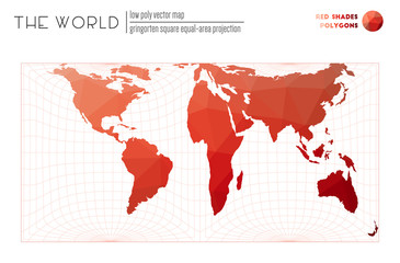 World map in polygonal style. Gringorten square equal-area projection of the world. Red Shades colored polygons. Energetic vector illustration.