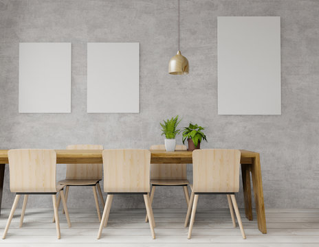 3d rendering of big dinning room with loft and industrail style , concrete wall for mock up and copy space