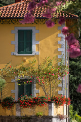 Fototapeta na wymiar La façade d'une maison jaune en Italie. Une maison au bord du Lac Majeur Une maison italienne jaune et des fleurs violettes.