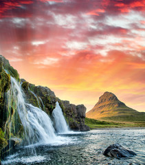 Fototapeta na wymiar Kirkjufell Waterfalls in Snaefellnes Peninsula, Iceland