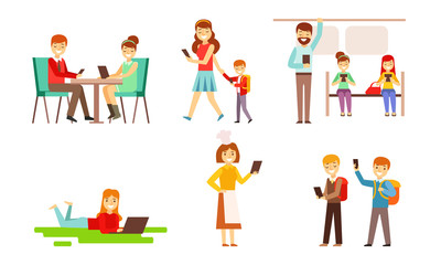 Fototapeta premium People Looking in Gadgets Screen Set, Men, Women and Kids Using Hi Tech Technologies, Smartphones, Pad, Laptop Vector Illustration