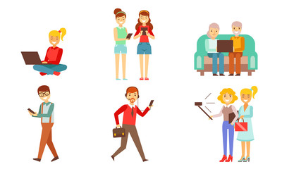 People Looking in Gadgets Screen Set, Men, Women and Kids Using Hi Tech Technologies, Smartphones and Laptops Vector Illustration