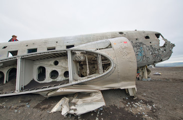SOUTHERN ICELAND - AUGUST 3, 2019: Abandoned wreck of a US military plane on Solheimasandur beach near Vik