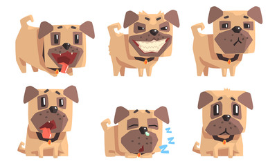Cute Pug Dog with Various Emotions Set, Adorable Funny Animal Cartoon Character Vector Illustration
