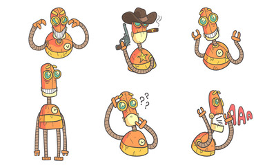 Vintage Robot Character Set, Steampunk Robotics, Innovation Technology Science Vector Illustration