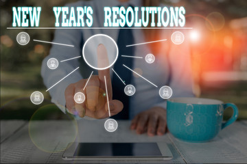 Word writing text New Year S Resolutions. Business photo showcasing Wishlist List of things to accomplish or improve Woman wear formal work suit presenting presentation using smart device