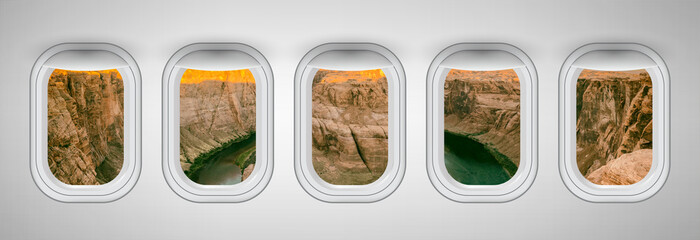 Airplane interior with window view of Horseshoe Bend, USA. Concept of travel and air transportation