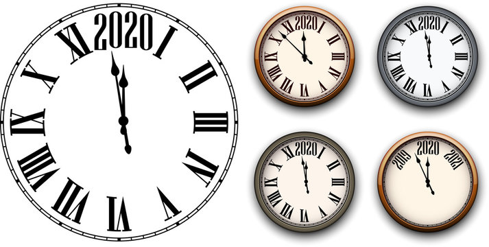 Set Of Round 2020 New Year Clock Isolated On White Background.