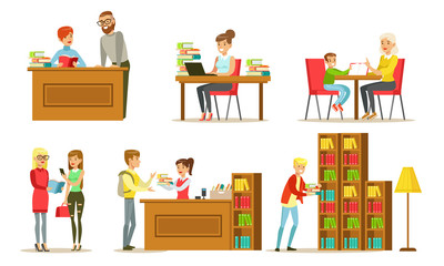 People in Library Set, Visitors and Students Reading Books, Studying and Preparing for Examination Vector Illustration
