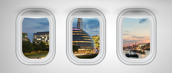 Airplane interior with window view of London City, United Kingdom. Concept of travel and air transportation