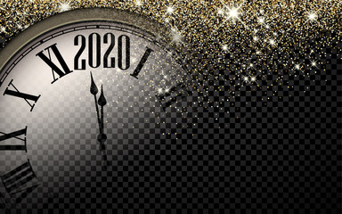 Naklejka na ściany i meble Gold shiny 2020 New Year background with clock.