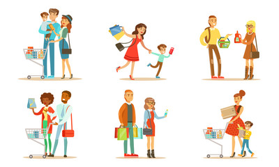 Naklejka premium People Carrying Shopping Bags and Pushing Carts with Purchases Set, Families Buying Groceries and Taking Part in Seasonal Sale at Store Vector Illustration