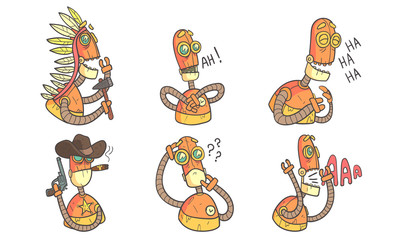 Vintage Robot Character Set, Steampunk Robotics Innovation Technology Vector Illustration