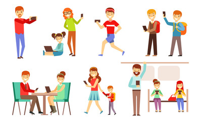 People Looking in Gadgets Screen Set, Smiling Men, Women and Kids Using Hi Tech Technologies, Smartphones, Pad, Laptop Vector Illustration