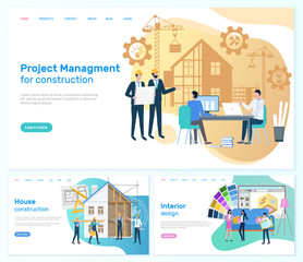 Project management construction, interior design vector. People working on building process, workers wearing helmets looking at house with cranes