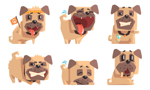 Cute Pug Dog with Various Emotions Set, Funny Animal Cartoon Character in Different Situations Vector Illustration