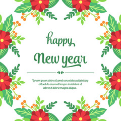 Design beautiful card happy new year, with bright green leaves frame and flower blooms. Vector