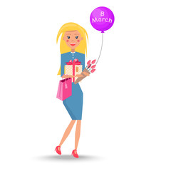 Blonde woman with presents in multicolored packing paper, bouquet of red tulips and purple balloon on eight march vector illustration.