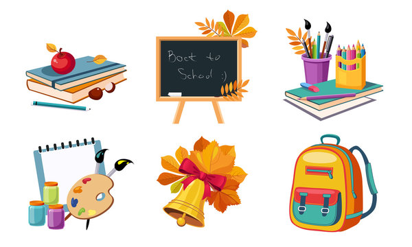 Back to School Elements Set, Different School Supplies and Stationeries Vector Illustration