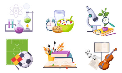 Back to School Elements Set, Education, School Lesson Icons, Different Supplies and Stationeries Vector Illustration