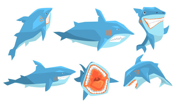 Shark in Different Poses Set, Ocean Scary Animal Character, Underwater Marine Predator Vector Illustration