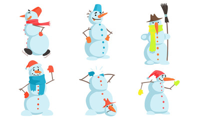 Funny Snowmen Set, Winter Christmas Character in Action Vector Illustration