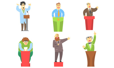 Funny Men Giving Speech at Podium, Orators Cartoon Characters Speaking from Tribune Vector Illustration