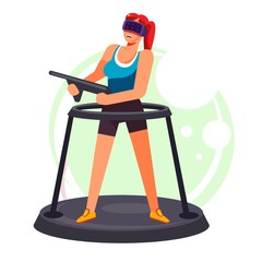 Fototapeta premium Young woman playing a virtual reality shooter game with glasses and gun