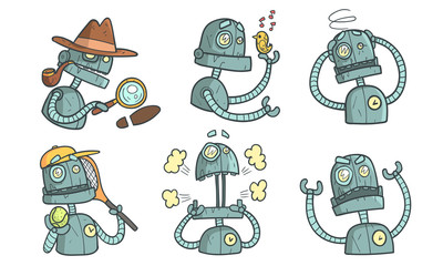 Fototapeta premium Vintage Robot Character Set, Funny Steampunk Robotics in Different Situations Vector Illustration
