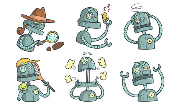 Vintage Robot Character Set, Funny Steampunk Robotics in Different Situations Vector Illustration