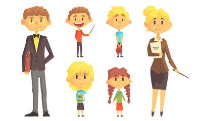 Funny School Children and Teachers Cartoon Characters Set Vector Illustration