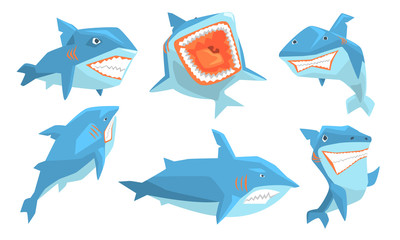 Blue Shark in Different Poses Set, Ocean Scary Animal Character, Underwater Marine Predator Vector Illustration