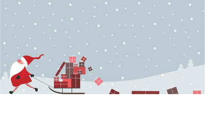 Geschenkkarte, Weihnachtswichtel zieht Schlitten mit Geschenken hinter sich her, Banner