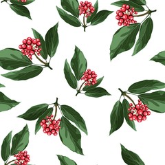 Wide seamless floral background pattern. Red Holly christmas berries, branches on white background. 