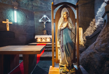 Our Lady statue in chapel of St Barbara in Cacica Salt Mine in Romania