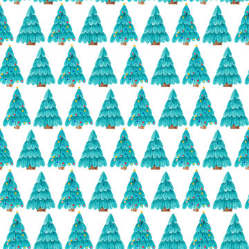  Watercolor seamless pattern with blue Christmas trees isolated on white background. Festive endless tile for wrapping paper, textile and prints.