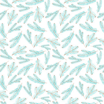 Watercolor seamless pattern with blue Christmas tree branches isolated on white background. Festive endless tile for wrapping paper, textile and prints.