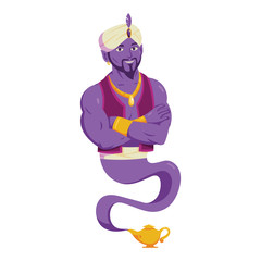 purple genie is folding her arms after coming out of the small teapot - obrazy, fototapety, plakaty