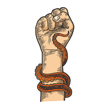 recommend clip art: Octopus tentacle wrapped around human arm sketch engraving vector illustration. T-shirt apparel print design. Scratch board style imitation. Black and white hand drawn image.