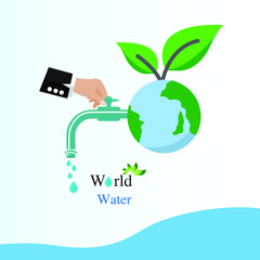 Water world day with hand hold faucet or water tap with a drop of water out to earth and save water text vector design