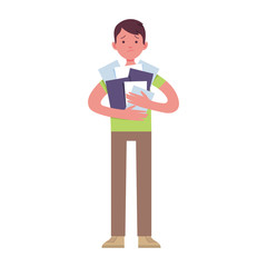 businessman holds a lot of paper work with a sad face because of overwork