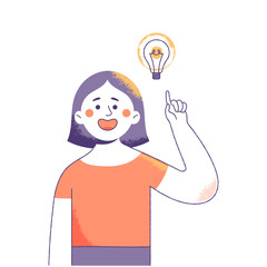 young girl pointed to a light bulb because she had a new idea