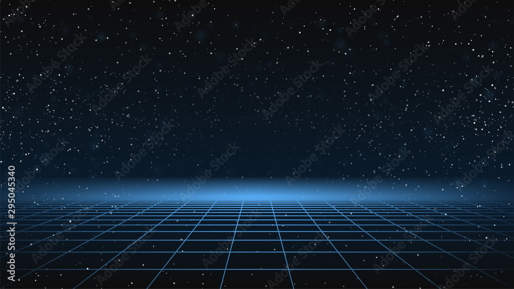 Wall mural synthwave background. dark retro futuristic backdrop with blue perspective grid and sky full of star