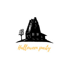 Halloween Party, hand lettering. Vector illustration of sinister house. Design concept for party invitation, poster.