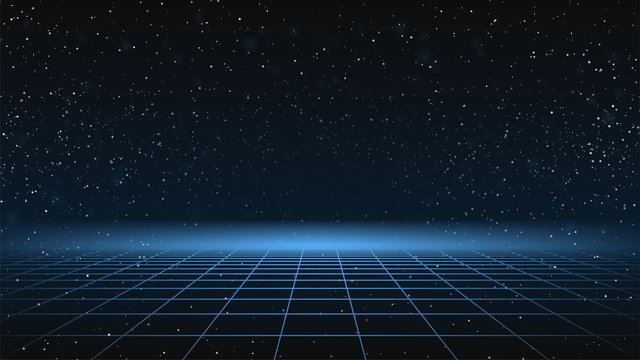 Synthwave background. Dark Retro Futuristic backdrop with blue perspective grid and sky full of stars. Horizon glow. Abstract Retrowave template. 80s Vaporwave style. Stock vector illustration