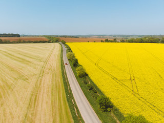 A lone car driving through the english countryside with poppyfields on the right and farms on the left. Shot aerially from a drone at mid day. 