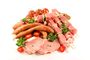 assorted of raw meat, sausage- pork chop and skewer